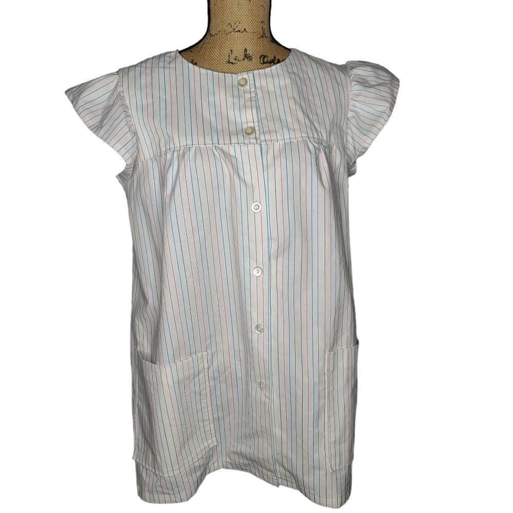 Vintage 70s 80s Pastel Striped Smocked Ruffle Sleeve Apron Top